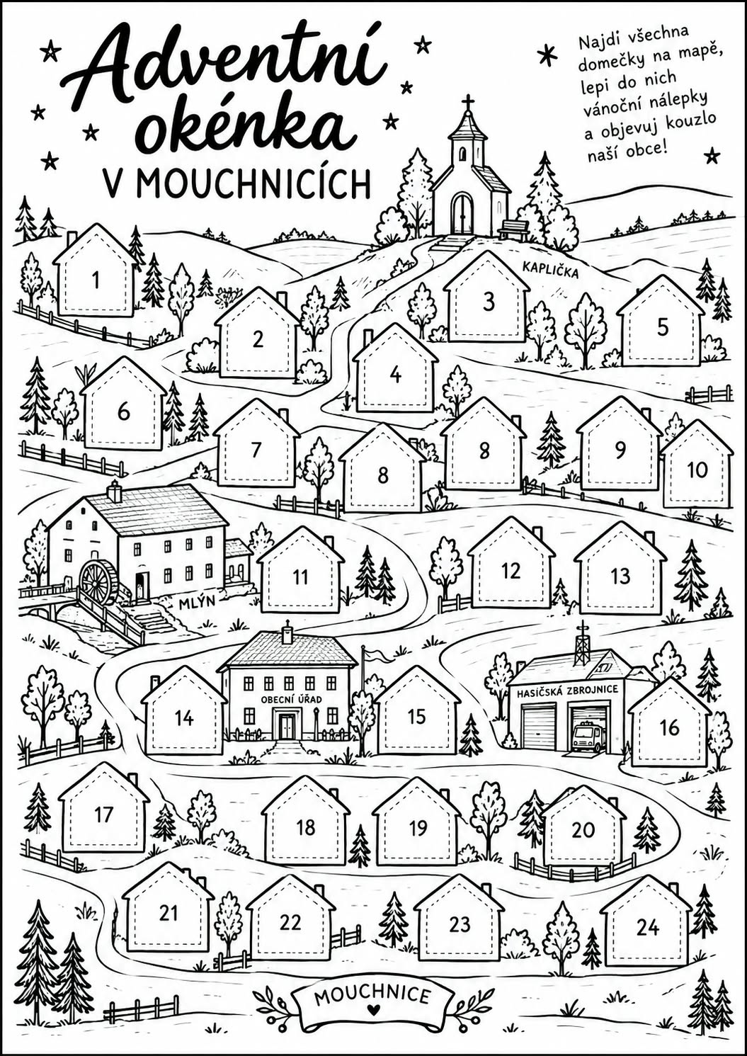 Mapa obce Mouchnice s 24 adventními domečky